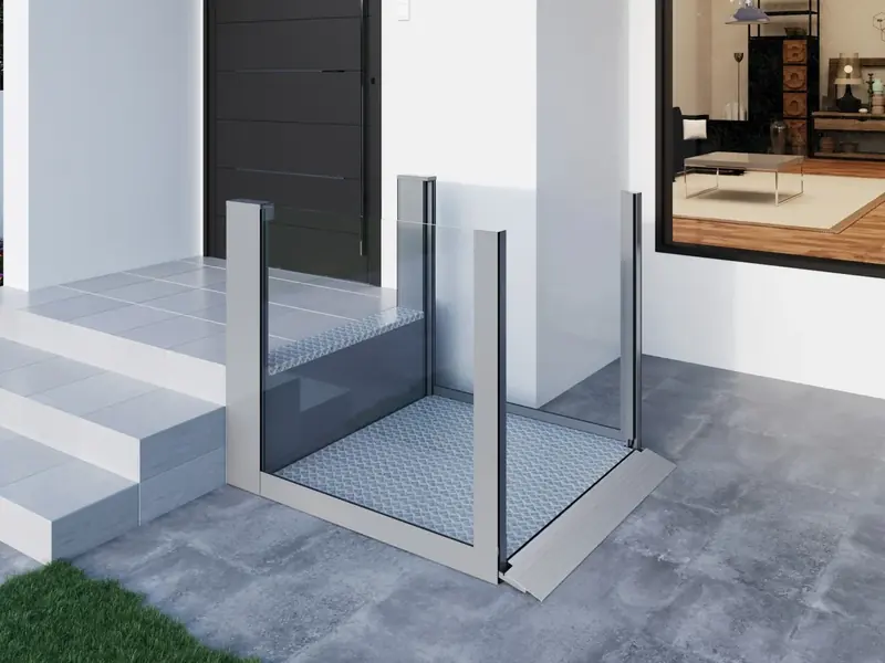 Ascendor PicoPorte step lift beside the front steps of a home
